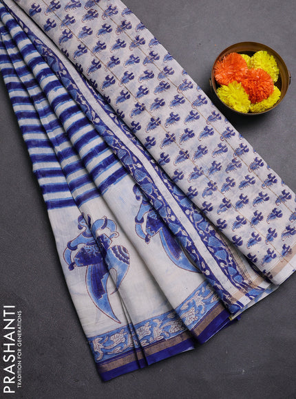 Off White & Blue Chanderi Bagru Saree