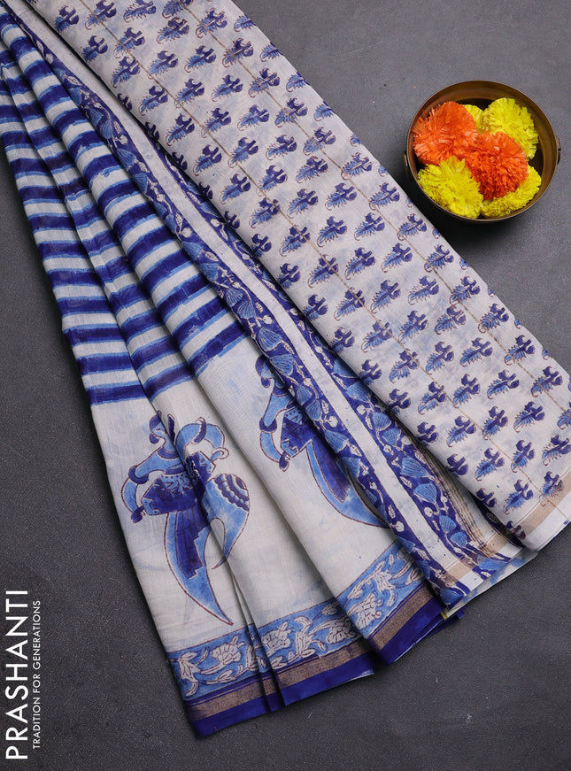 Off White & Blue Chanderi Bagru Saree