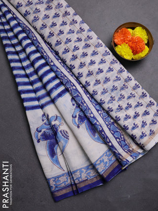 Off White & Blue Chanderi Bagru Saree