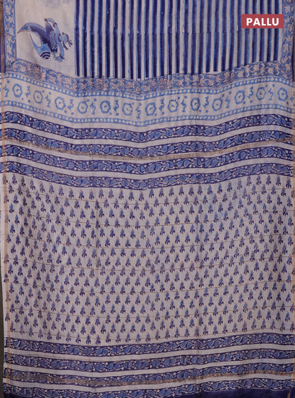 Off White & Blue Chanderi Bagru Saree