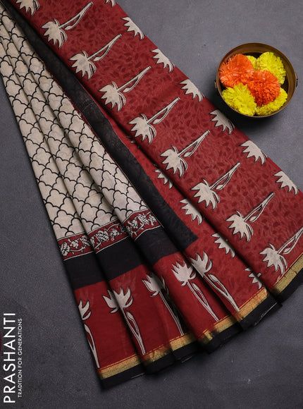 Beige & Maroon Chanderi Bagru Saree