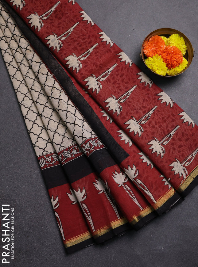 Beige & Maroon Chanderi Bagru Saree
