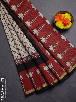 Beige & Maroon Chanderi Bagru Saree