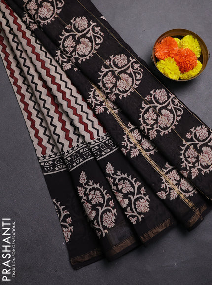 Beige & Black Chanderi Bagru Saree