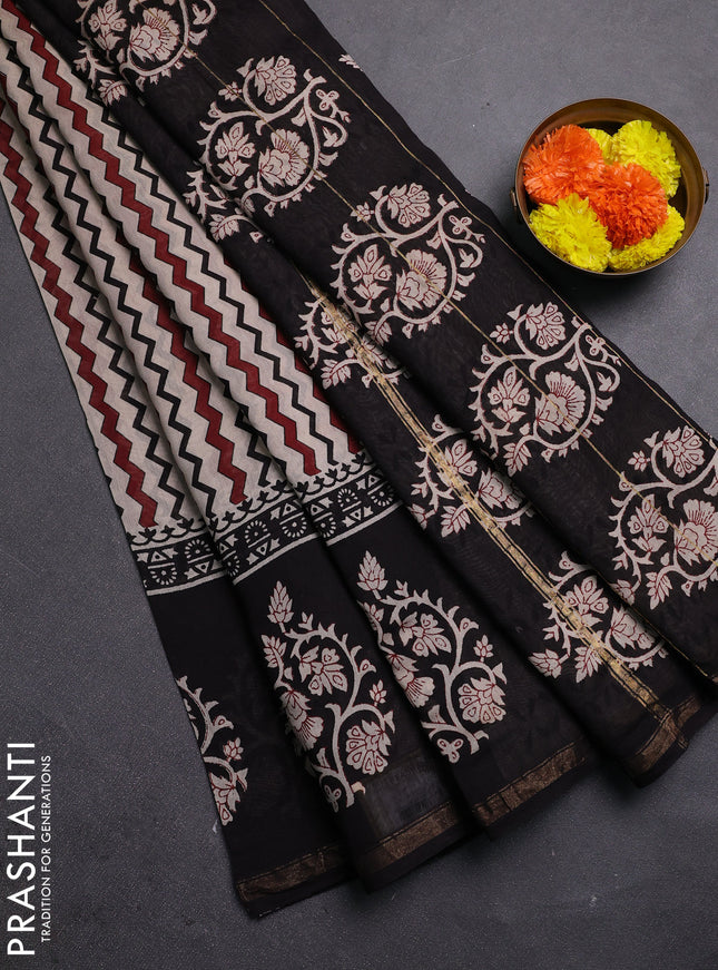 Beige & Black Chanderi Bagru Saree