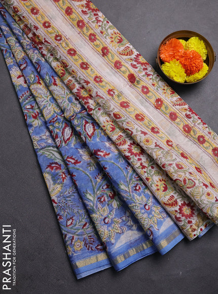Blue & Off White Chanderi Bagru Saree