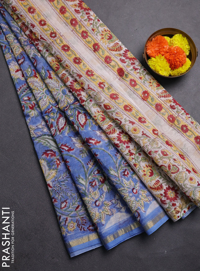 Blue & Off White Chanderi Bagru Saree
