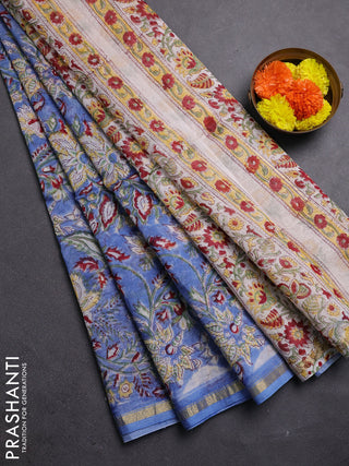Blue & Off White Chanderi Bagru Saree