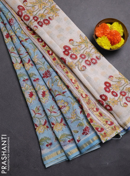 Teal Blue & Off White Chanderi Bagru Saree