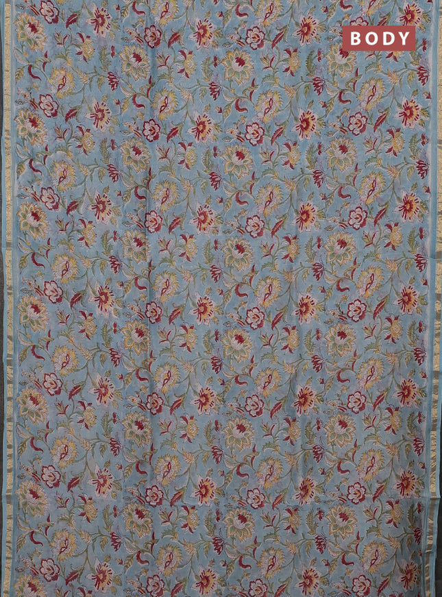 Teal Blue & Off White Chanderi Bagru Saree
