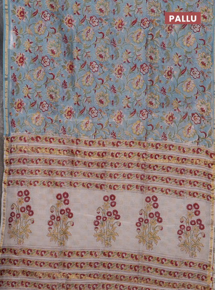 Teal Blue & Off White Chanderi Bagru Saree
