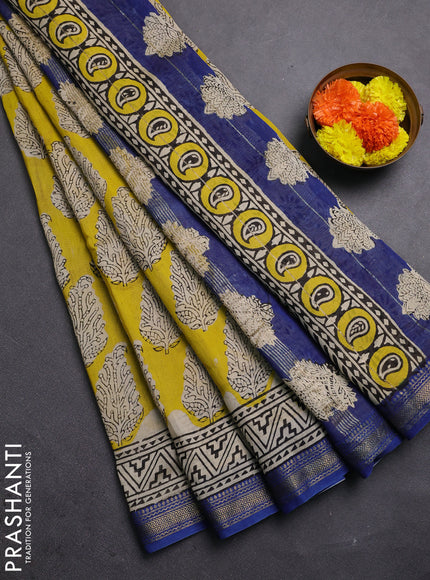Lime Yellow & Beige Chanderi Bagru Saree