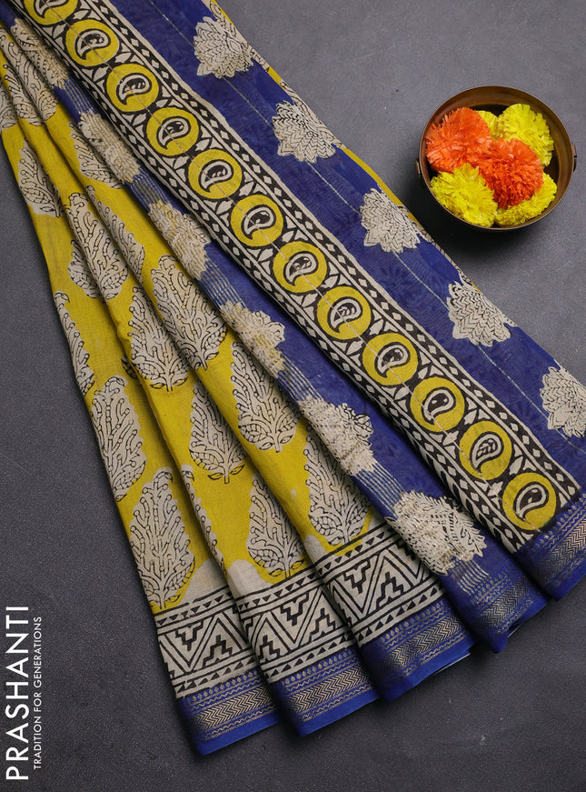 Lime Yellow & Beige Chanderi Bagru Saree