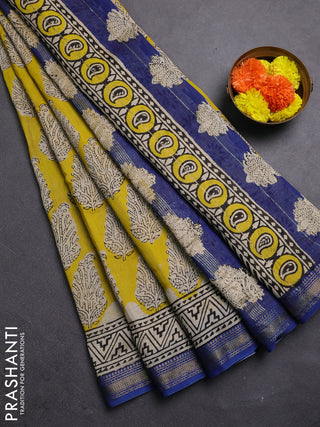 Lime Yellow & Beige Chanderi Bagru Saree
