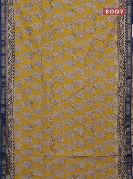 Lime Yellow & Beige Chanderi Bagru Saree