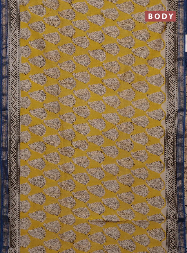 Lime Yellow & Beige Chanderi Bagru Saree