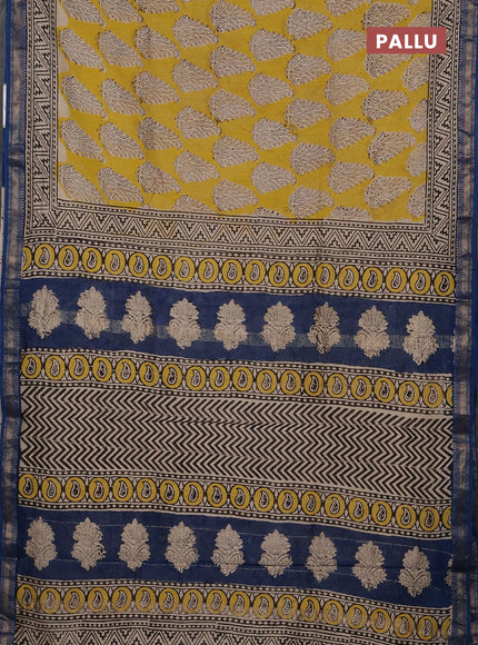 Lime Yellow & Beige Chanderi Bagru Saree