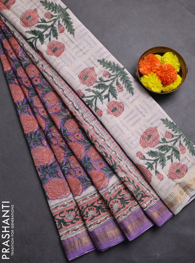 Purple & Peach Chanderi Bagru Saree