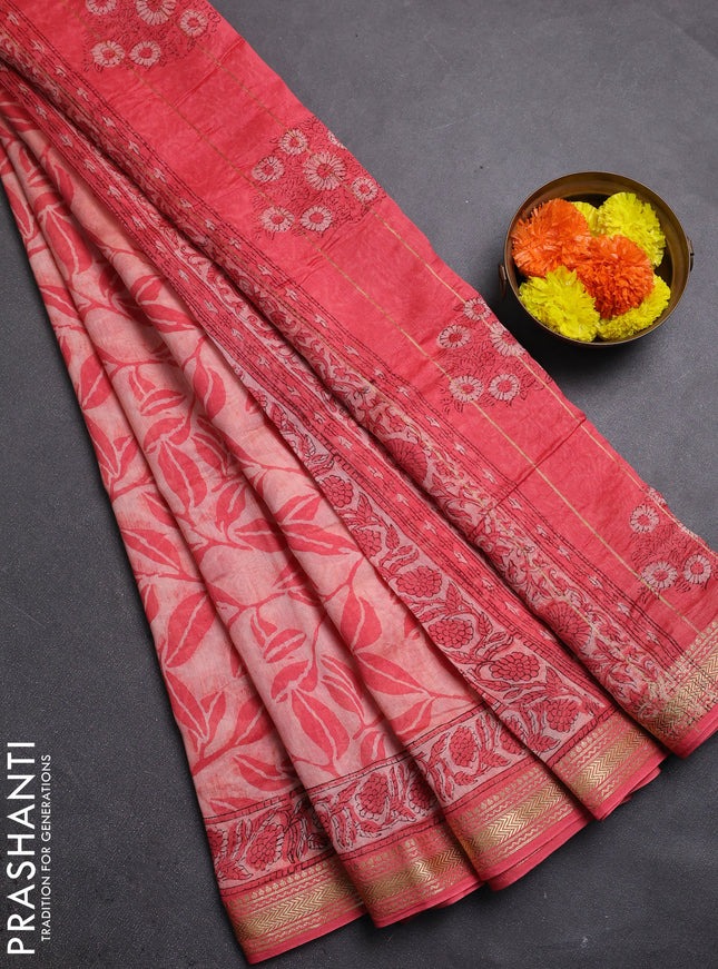 Peach & Pink Chanderi Bagru Saree