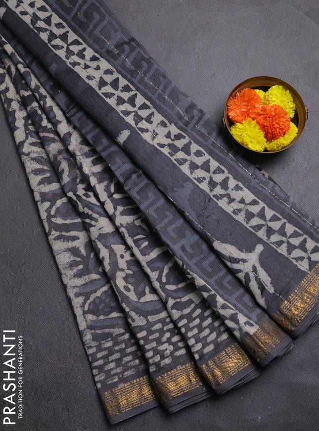 Grey Chanderi Bagru Saree