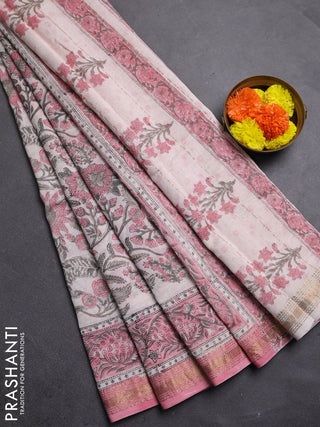 Off White & Pink Chanderi Bagru Saree