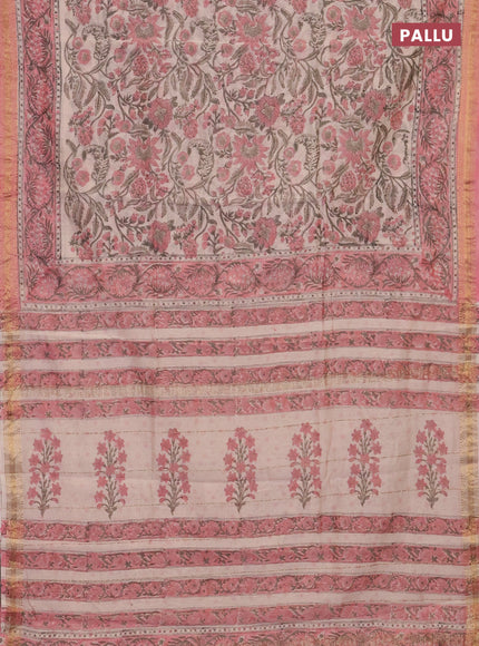 Off White & Pink Chanderi Bagru Saree