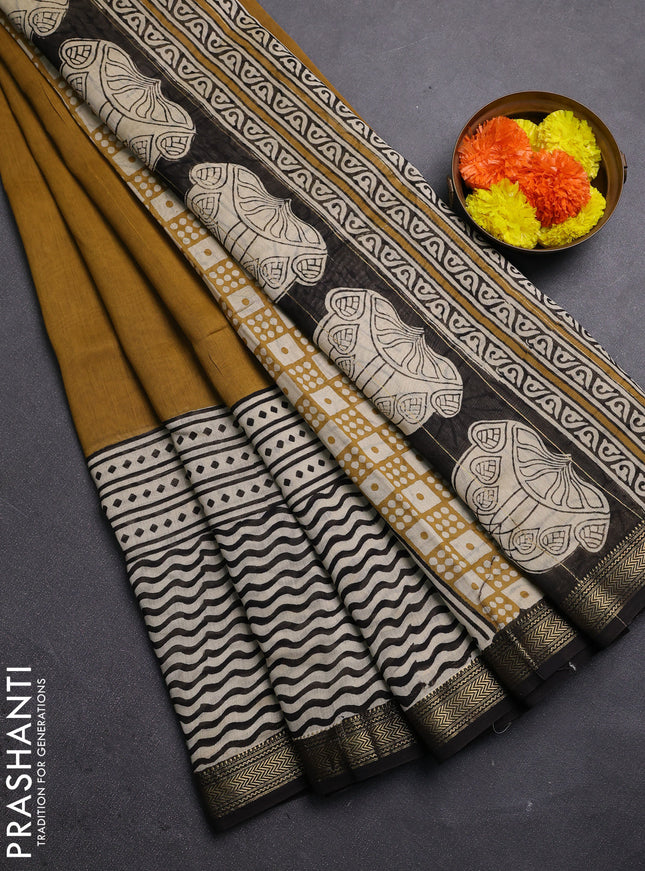 Mustard Yellow & Black Chanderi Bagru Saree