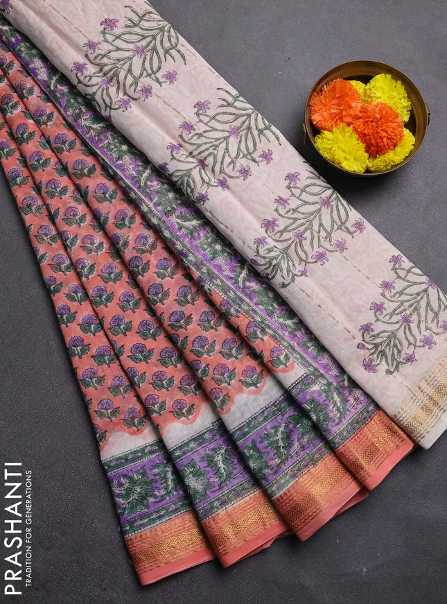 Peach & Purple Chanderi Bagru Saree