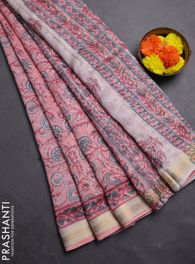 Peach Pink Chanderi Bagru Saree
