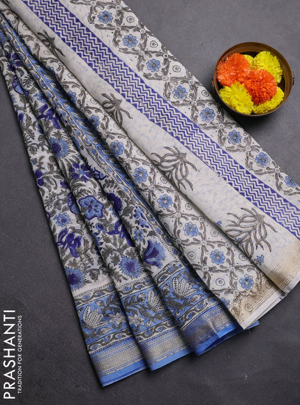 Off White & Blue Chanderi Bagru Saree