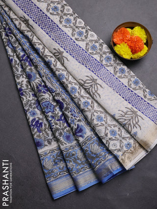 Off White & Blue Chanderi Bagru Saree