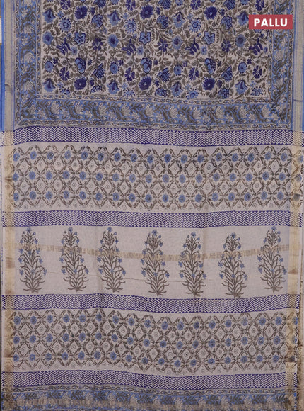 Off White & Blue Chanderi Bagru Saree
