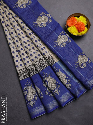Beige & Blue Chanderi Bagru Saree
