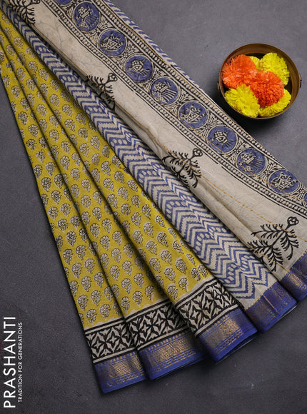 Lime Yellow & Blue Chanderi Bagru Saree