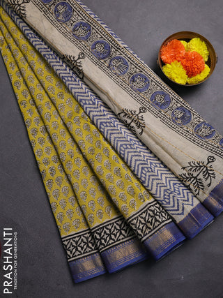 Lime Yellow & Blue Chanderi Bagru Saree