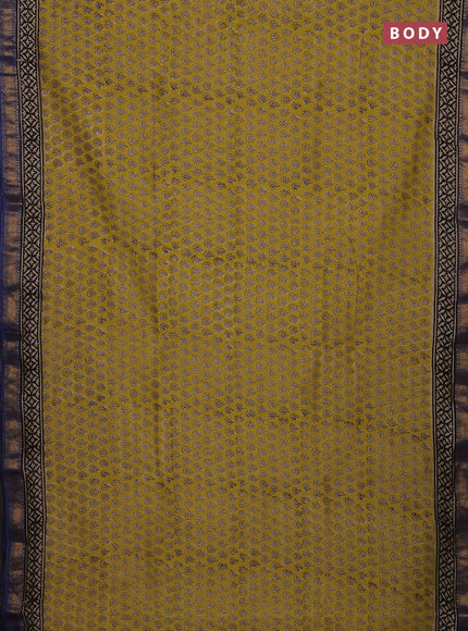 Lime Yellow & Blue Chanderi Bagru Saree