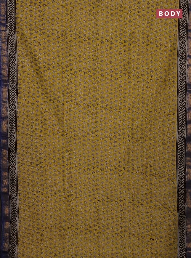 Lime Yellow & Blue Chanderi Bagru Saree