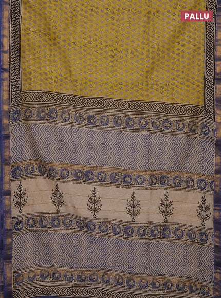 Lime Yellow & Blue Chanderi Bagru Saree