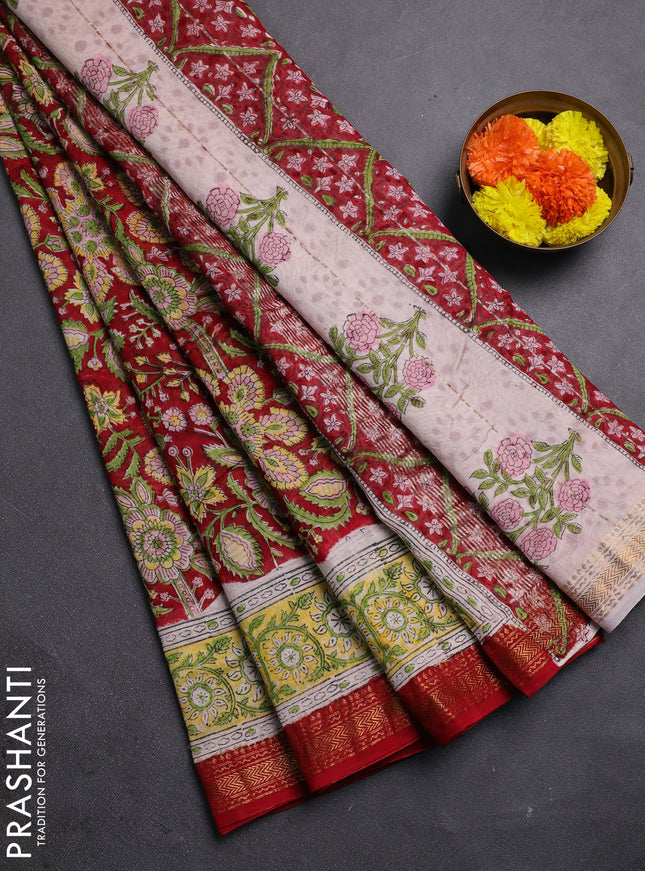 Maroon & Yellow Chanderi Bagru Saree