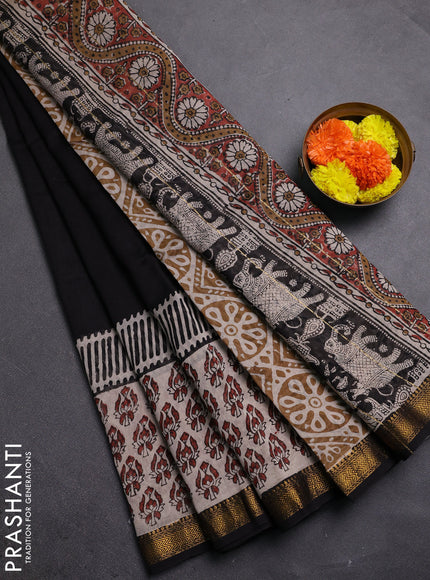Black & Beige Chanderi Bagru Saree