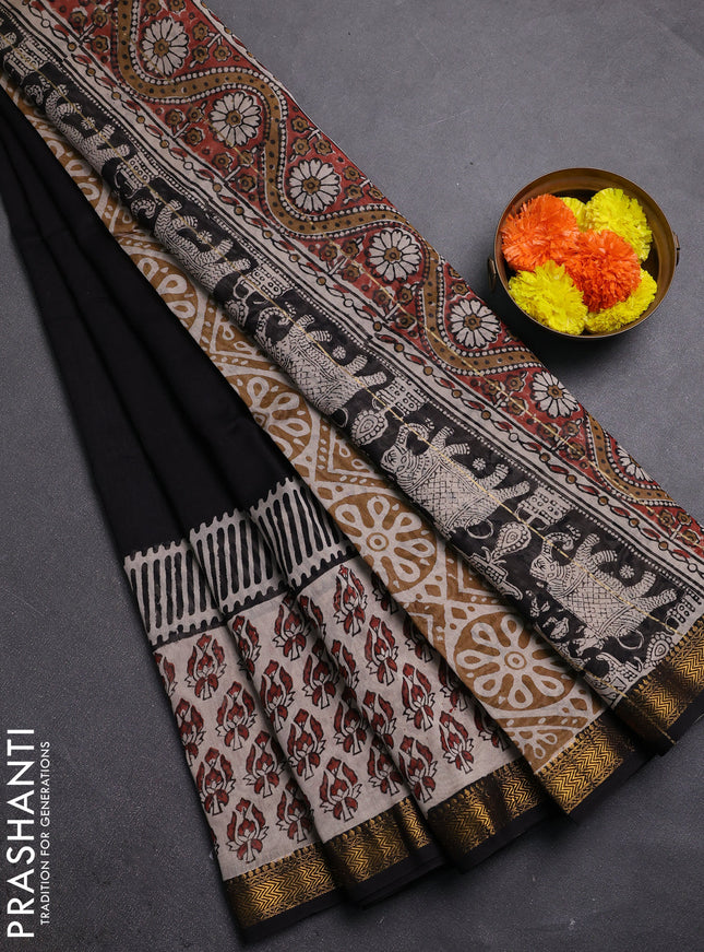 Black & Beige Chanderi Bagru Saree