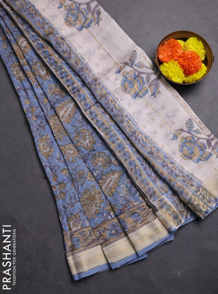 Blue & Beige Chanderi Bagru Saree