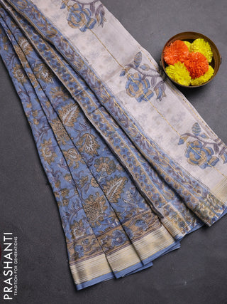 Blue & Beige Chanderi Bagru Saree