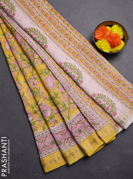Yellow & Pink Chanderi Bagru Saree