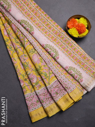 Yellow & Pink Chanderi Bagru Saree