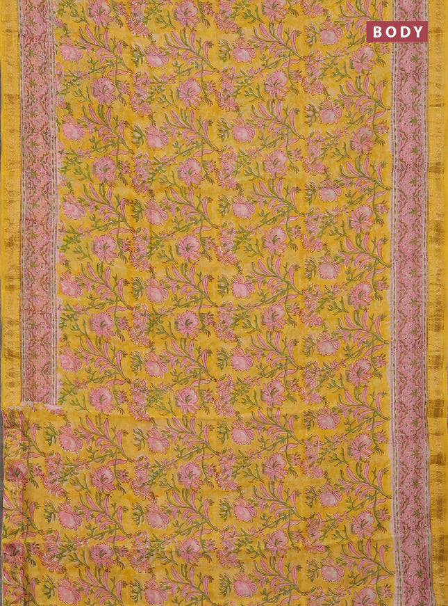 Yellow & Pink Chanderi Bagru Saree