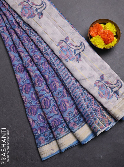 Blue & Off White Chanderi Bagru Saree