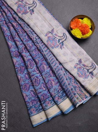 Blue & Off White Chanderi Bagru Saree