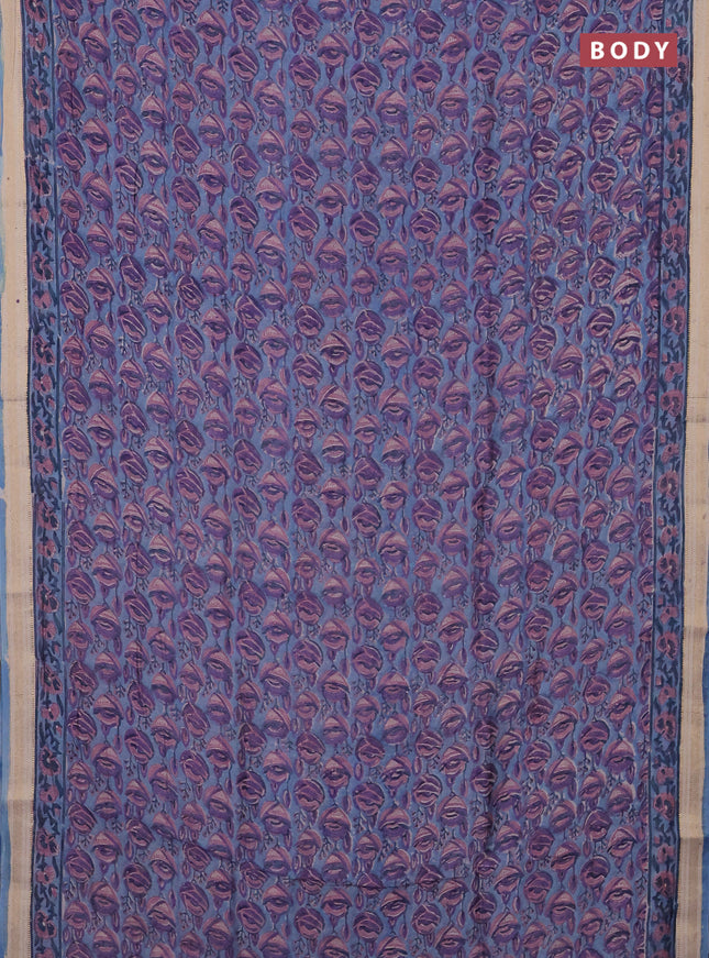 Blue & Off White Chanderi Bagru Saree