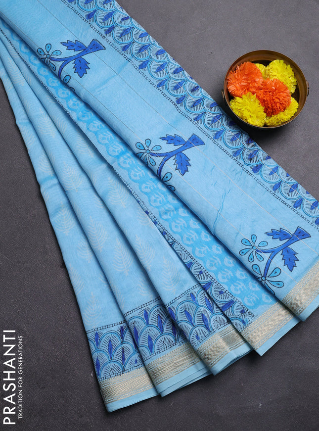 Sky Blue Chanderi Bagru Saree